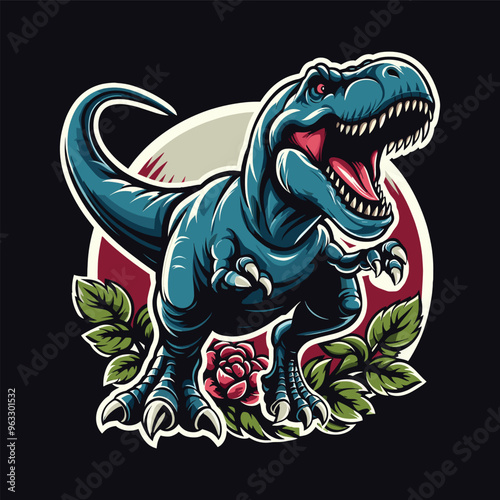 Colorful dinosaur graphic showcasing a roaring Tyrannosaurus rex surrounded by lush foliage and a rose on a dark background
