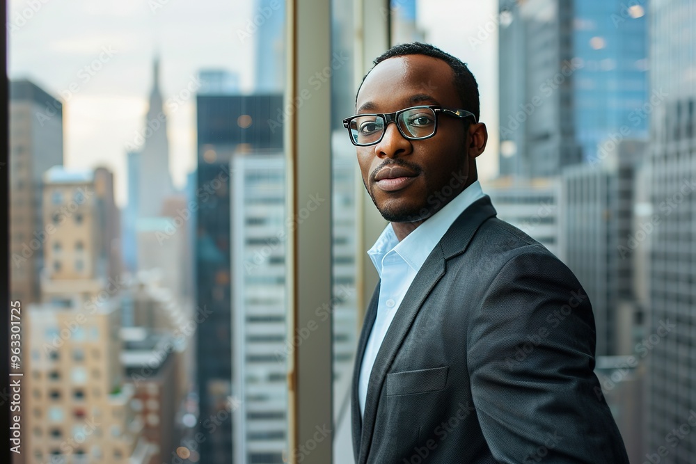 A man in a suit and glasses stands in front of a city skyline A man in a suit and glasses stands in front of a city skyline