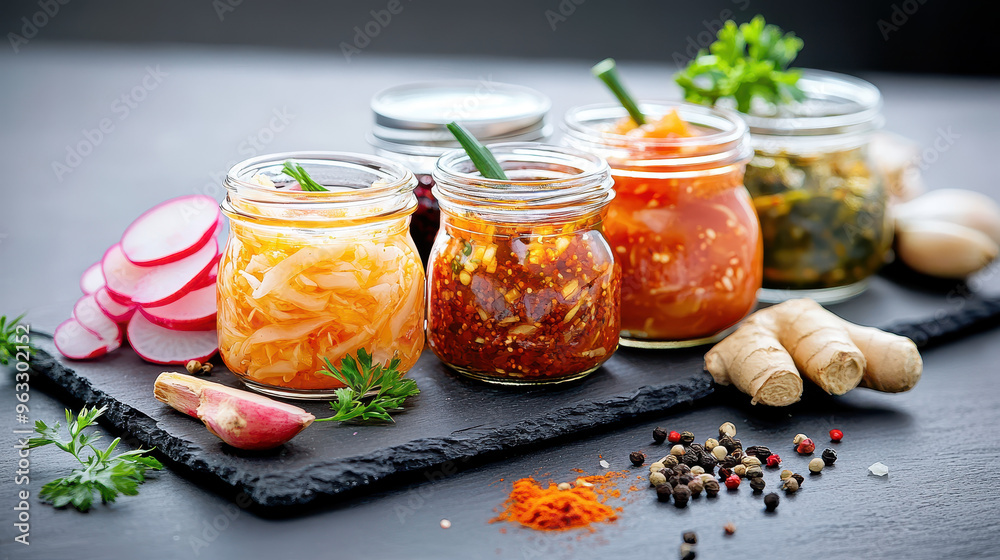 Assortment of vibrant homemade pickles, sauces, and spices arranged on a dark slate platter accompanied by fresh vegetables and ginger root Assortment of vibrant homemade pickles, sauces, and spices arranged on a dark slate platter accompanied by fresh vegetables and ginger root