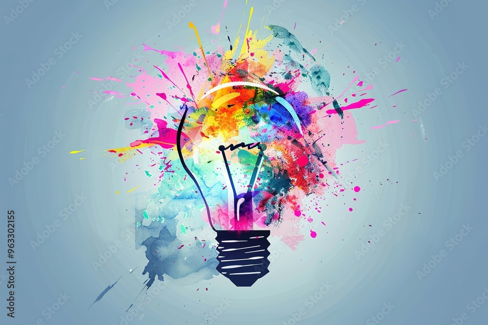 A colorful light bulb with a splash of paint around it A colorful light bulb with a splash of paint around it