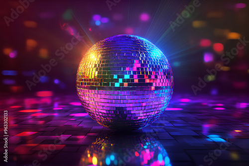 A disco ball on a colorful dance floor with a blurry background.