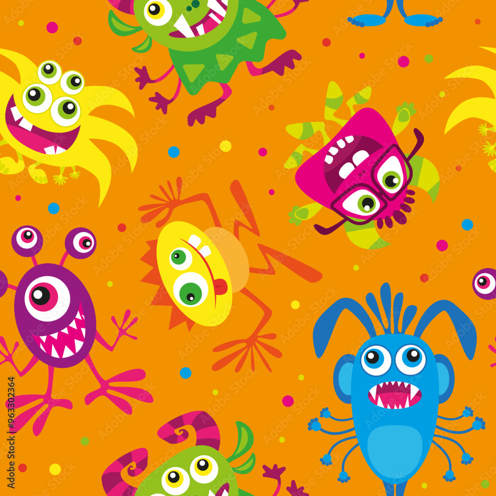 Halloween vector illustration. Funny cartoon monster seamless pattern on bright background. Bright design for party decoration. Halloween vector illustration. Funny cartoon monster seamless pattern on bright background. Bright design for party decoration.