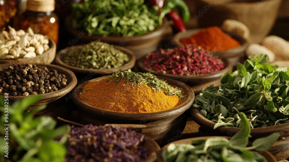 A Rustic Arrangement of Dried Herbs and Spices in Bowls A Rustic Arrangement of Dried Herbs and Spices in Bowls