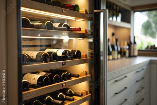 Elegant Wine Collection Display in Built-In Refrigerator with Interior Lighting Glow