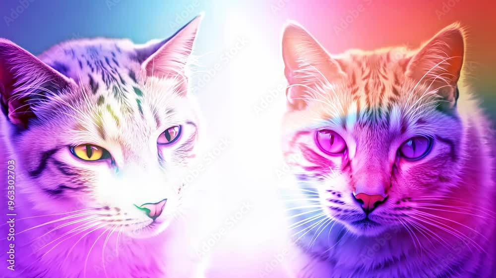 Two cats with vibrant neon colors and glowing eyes, illuminated by a rainbow of light, creating a futuristic and surreal aesthetic Stock ビデオ | Adobe Stock