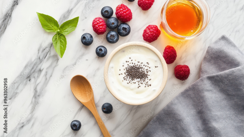 Fresh yogurt with chia seeds, blueberries, and raspberries arranged with honey and basil on a marble countertop Fresh yogurt with chia seeds, blueberries, and raspberries arranged with honey and basil on a marble countertop