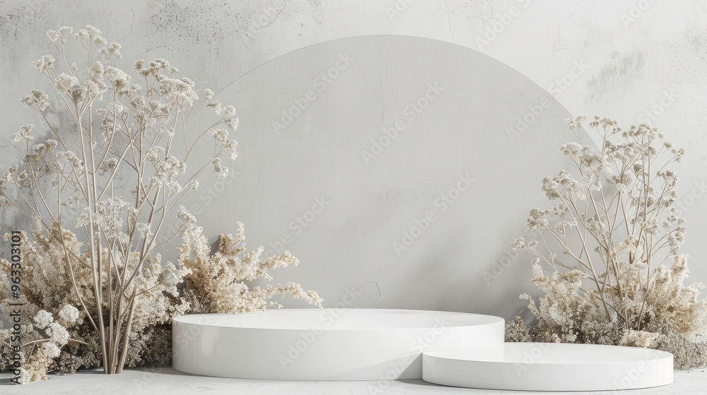 Fototapeta premium Product showcase with white podium and dried flowers on gray backdrop