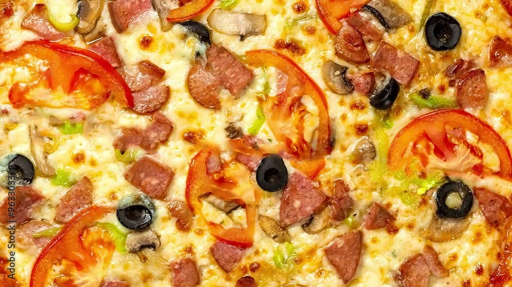 Pizza close up texture background realistic 3d render animation sequence zoom rotation