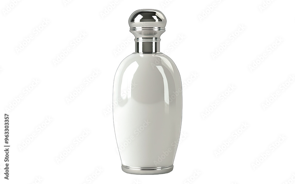 White glass bottle with silver top for cosmetic products and solutions. Isolated PNG. White glass bottle with silver top for cosmetic products and solutions. Isolated PNG.