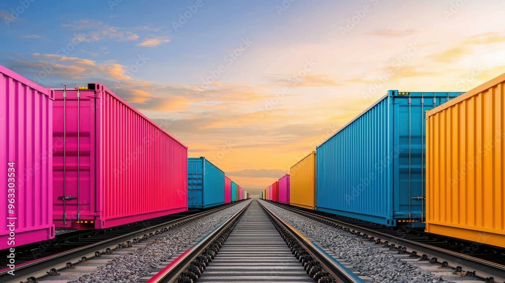 Obraz premium Vibrant cargo containers alongside railway tracks during sunset, showcasing colors of pink, blue, and yellow against a beautiful sky.