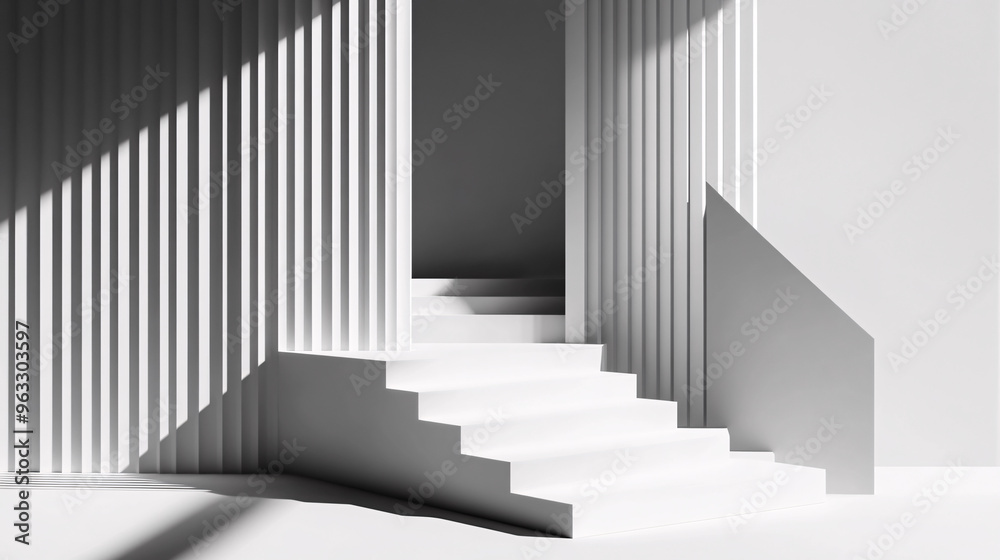 Fototapeta premium Minimalist White Geometric Room With Stairs and Shadows