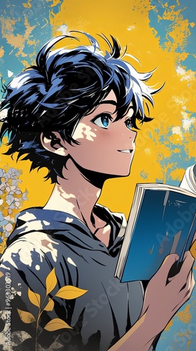 Manga guy anime teenage boy reading an exciting book,  happy face