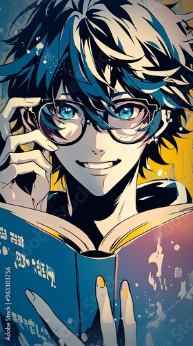 Manga guy anime teenage boy reading an exciting book,  happy face