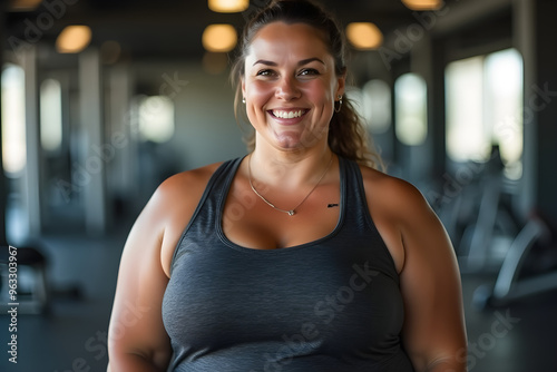 portrait of smiling big fat woman in athletic shirt in gym