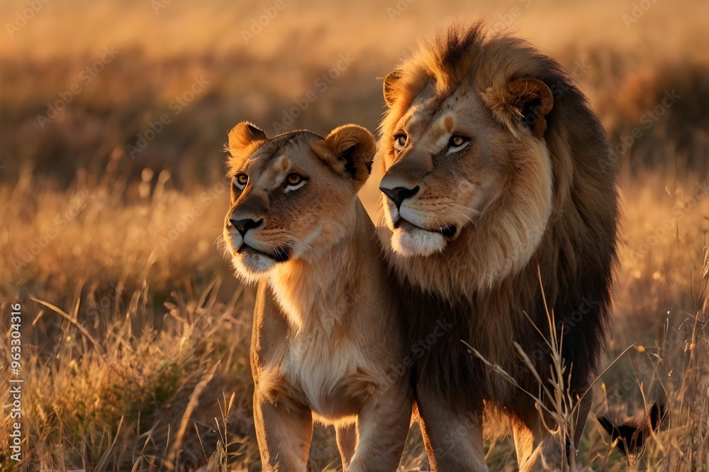 Lion and lioness play together amidst the tall, golden grass at golden hour Lion and lioness play together amidst the tall, golden grass at golden hour