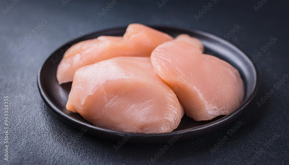 Chicken fillet meat on dark backdrop, uncooked raw piece of poultry. Cooking and culinary concept Chicken fillet meat on dark backdrop, uncooked raw piece of poultry. Cooking and culinary concept