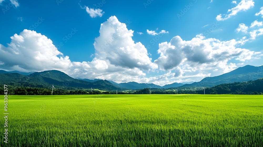 Obraz premium green field landscape with blue sky and white clouds