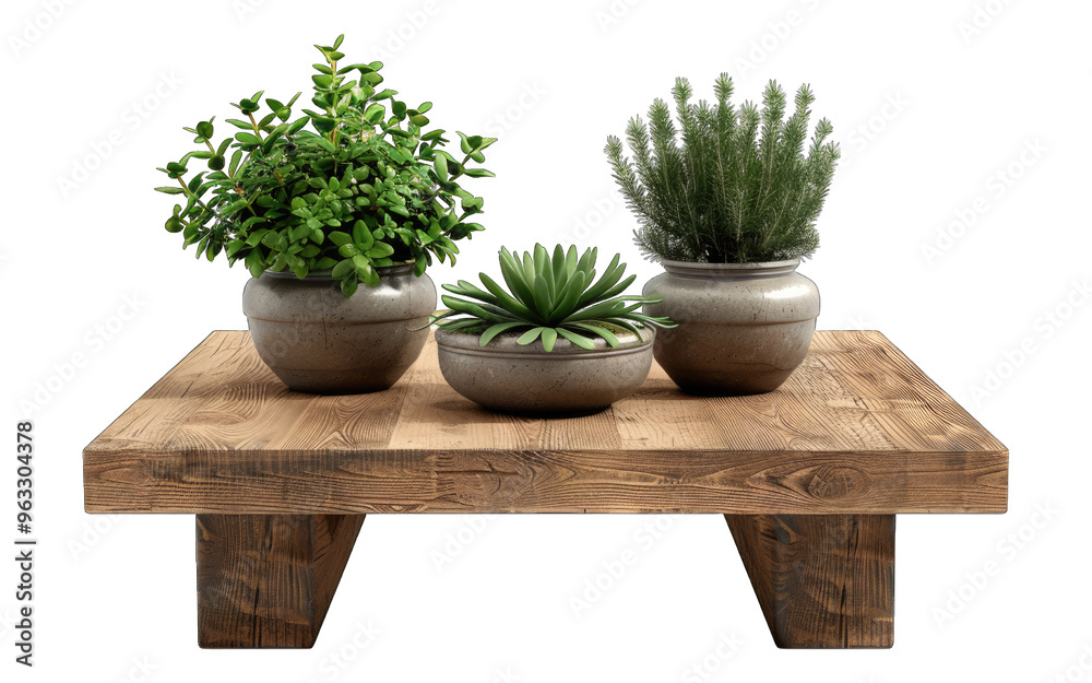 Wooden table with potted plants. Isolated PNG. Wooden table with potted plants. Isolated PNG.