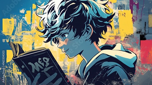 Manga guy anime teenage boy reading an exciting book,  happy face