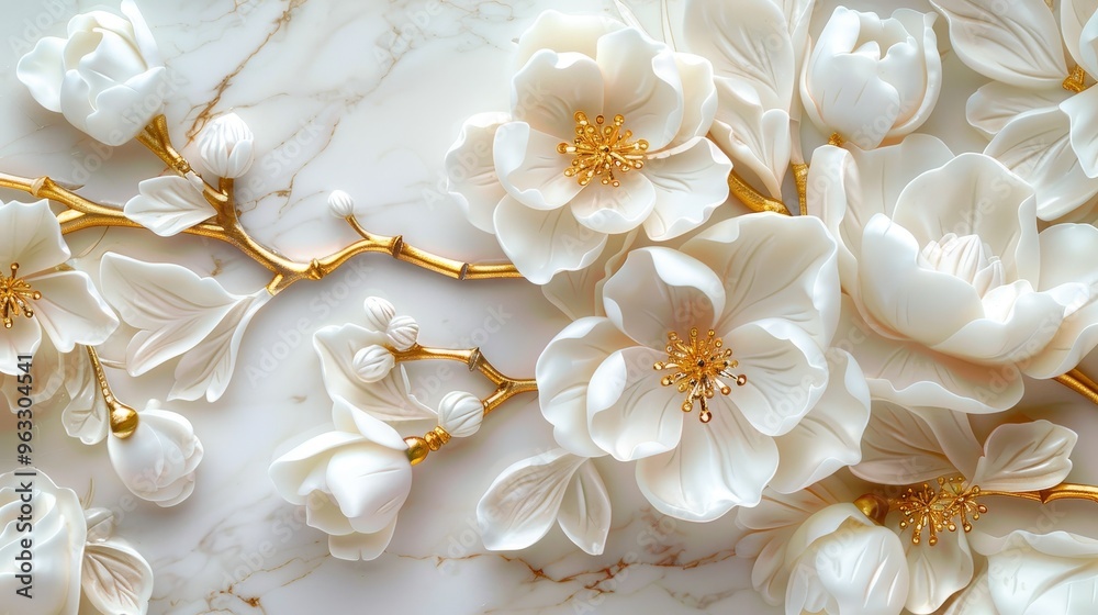 White flowers with gold accents arranged in an artistic pattern on a marble background. Elegant design with soft petals and intricate detailing, perfect for decor, coffin decoration, inlay tombstones White flowers with gold accents arranged in an artistic pattern on a marble background. Elegant design with soft petals and intricate detailing, perfect for decor, coffin decoration, inlay tombstones