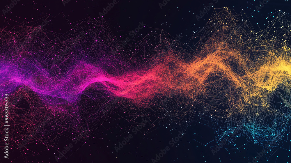 Abstract background with colorful, glowing waves and lines of dots, lines, and connections on a dark, starry sky Abstract background with colorful, glowing waves and lines of dots, lines, and connections on a dark, starry sky