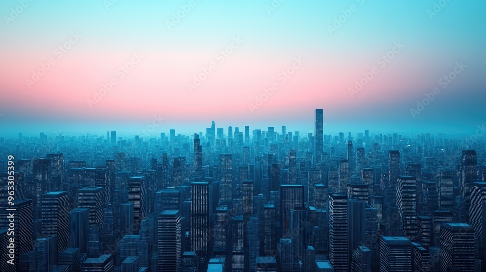 Obraz premium A stunning aerial view of a futuristic cityscape bathed in soft pastel hues at dawn, showcasing skyscrapers and urban beauty.