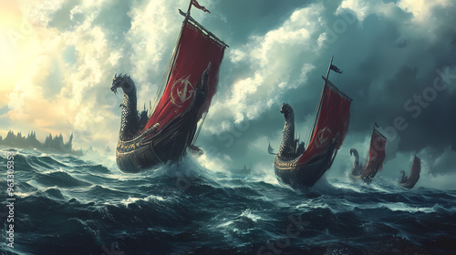 Three drakkars sailing through the sea. Viking. Illustration photo