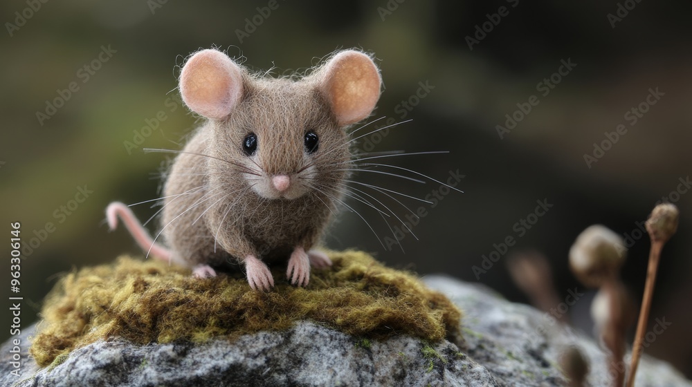 Adorable needle felted mouse posing on a rock
