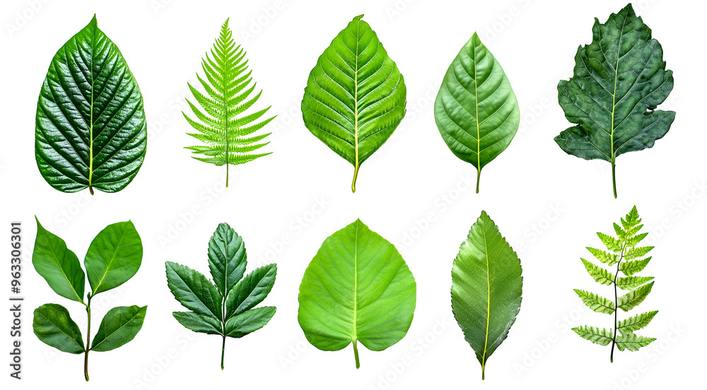 Various green decorative leaves isolated on white background for botanical design, nature decor or fresh foliage concept, Cutout, Isolated on White Background Various green decorative leaves isolated on white background for botanical design, nature decor or fresh foliage concept, Cutout, Isolated on White Background