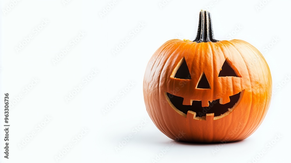 A carved pumpkin with a smiling jack-o-lantern face on a white background.