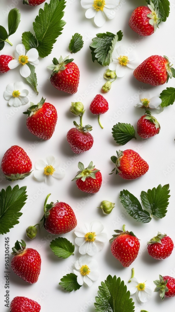 Fresh ripe strawberries and delicate white flowers lying on white background Fresh ripe strawberries and delicate white flowers lying on white background