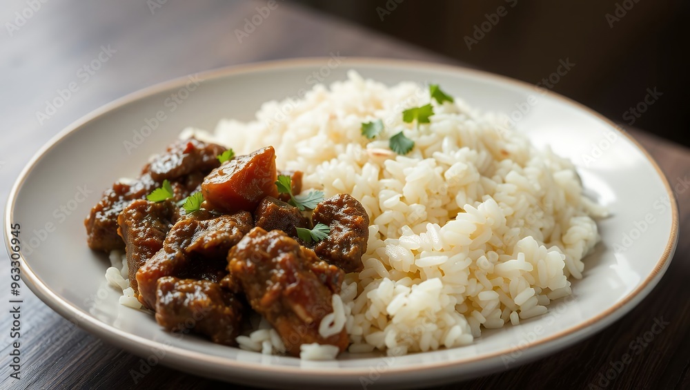 Side view pilaf with stewed beef meat on a plate Side view pilaf with stewed beef meat on a plate