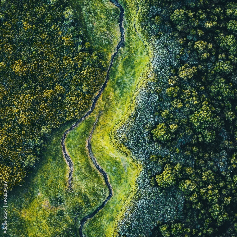 Aerial View of a Stream Winding Through Lush Green Foliage Aerial View of a Stream Winding Through Lush Green Foliage