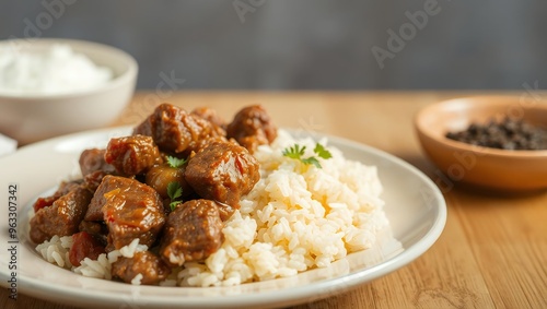 Side view pilaf with stewed beef meat on a plate  photo