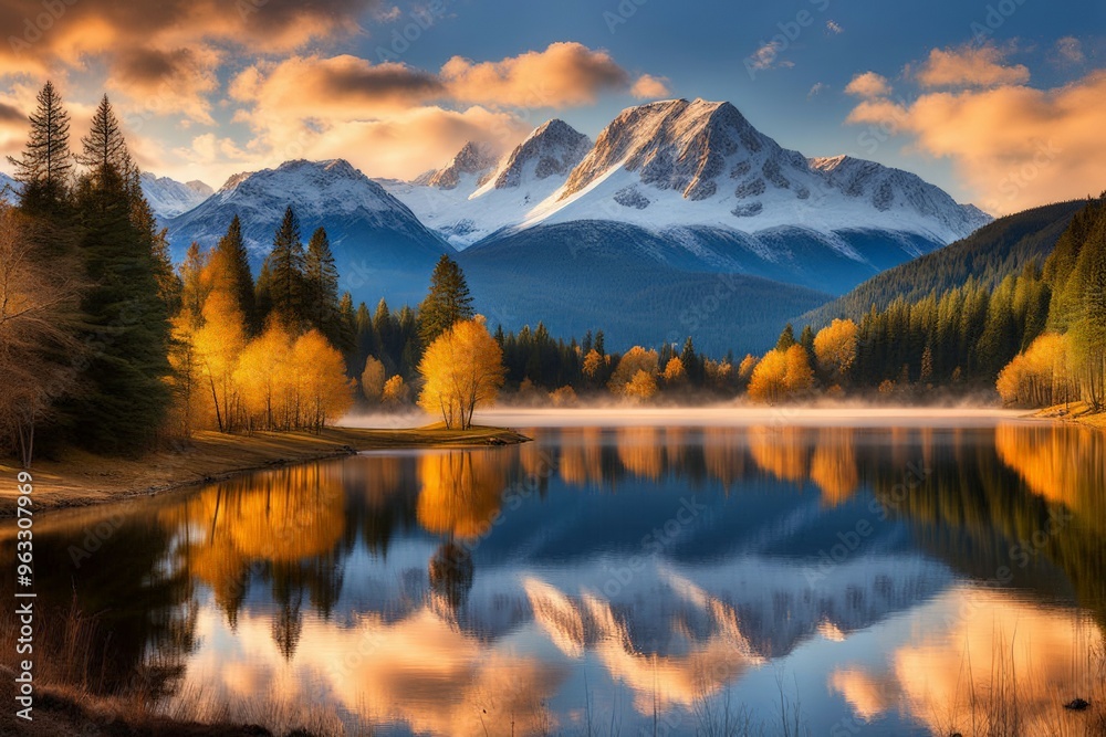 Fototapeta premium Sunrise on the lake in mountains