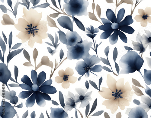 Floral seamless pattern with abstract Blue and beige flowers background