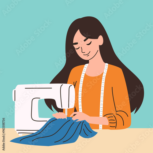 Flat vector illustration. Cute woman seamstress sewing clothes on sewing machine. Vector illustration
