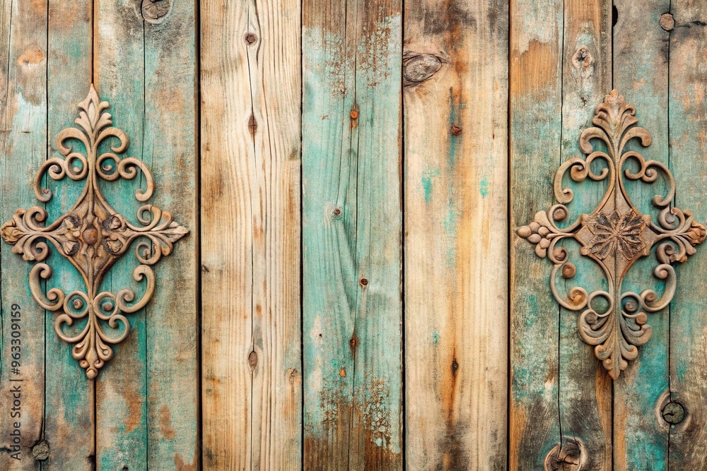 Weathered wooden planks with cracked surfaces and faded finish housing ornate font with intricate details and soft color palette for gentle ambiance