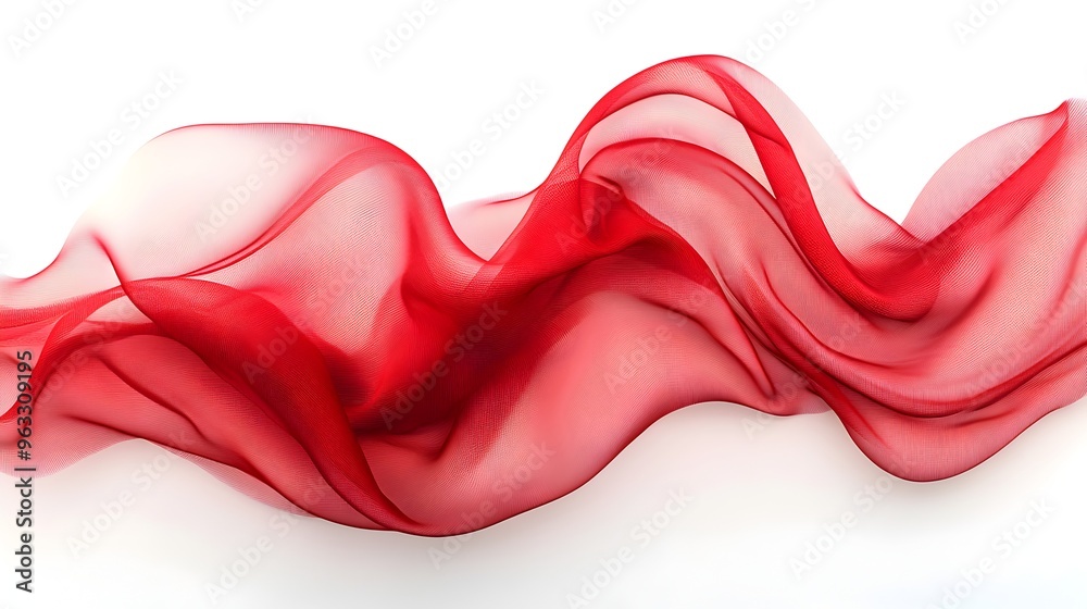 Elegant Red Chiffon Fabric Billowing in Soft Waves against White Background Elegant Red Chiffon Fabric Billowing in Soft Waves against White Background