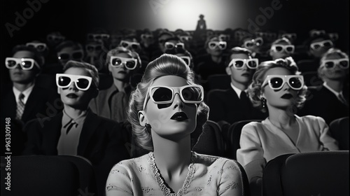 Black and white photo of people watching a film wearing 3d glasses, retro style  photo