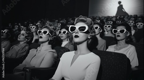Black and white photo of people watching a film wearing 3d glasses, retro style  photo