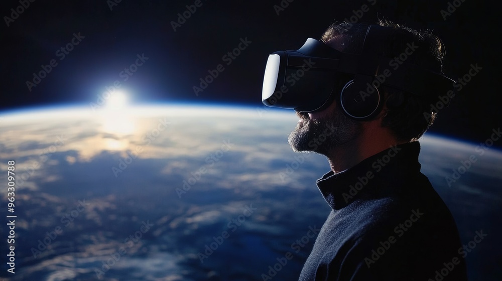 Fototapeta premium Astronaut wearing vr headset exploring outer space from earth orbit