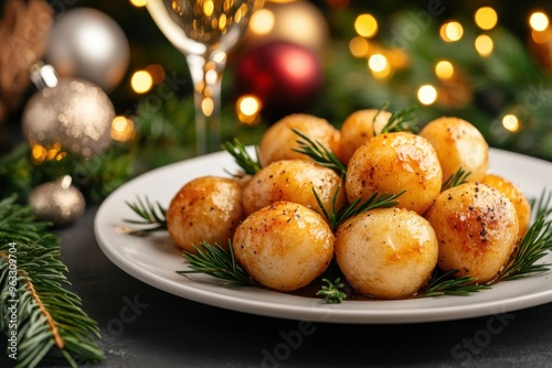 Delicious Roasted Potatoes with Herbs, Festive Holiday Table Setting, Cozy Christmas Dinner Decor, Warm Lights and Wine photo