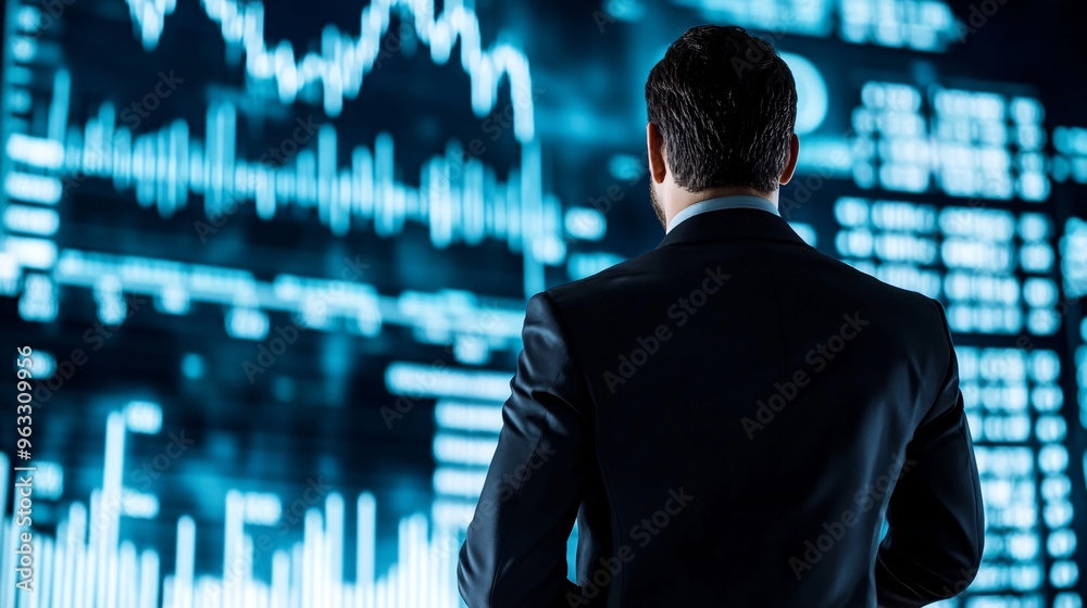 A businessman in a suit viewing stock market data and charts on a digital screen, symbolizing investment analysis, financial strategy, and market trends.