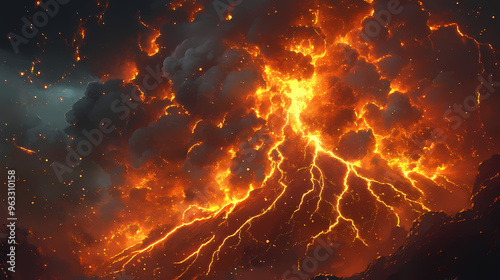 The terrifying beauty of volcanic lightning captured in a splitsecond with fiery explosions and bolts of energy competing for dominance in the atmosphere. Volcanic. Illustration photo