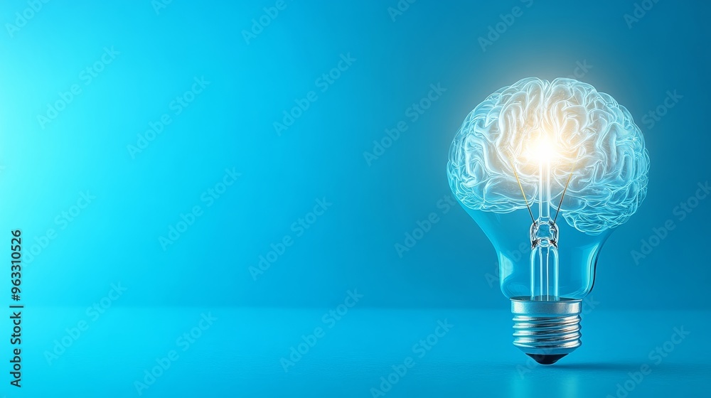 Human brain inside lightbulb glowing on blue background Human brain inside lightbulb glowing on blue background