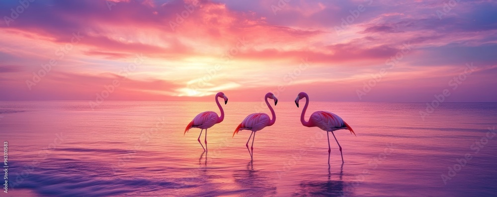 Fototapeta premium Pink flamingos enjoying sunset over ocean water