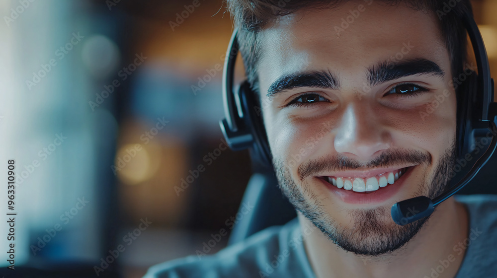 Smiling young call center employee is wearing a headset and working from home Smiling young call center employee is wearing a headset and working from home