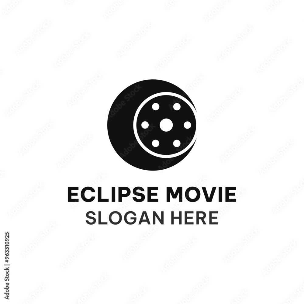 Eclipse movie logo template in simple flat style. Moon and film vector illustration Eclipse movie logo template in simple flat style. Moon and film vector illustration