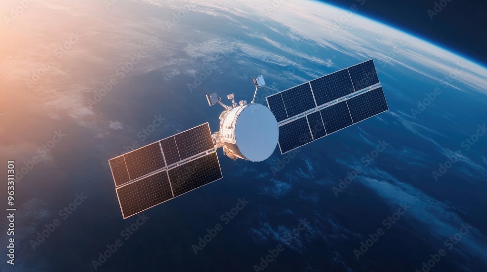Obraz premium A stunning satellite orbits Earth, showcasing advanced technology in space exploration with solar panels glimmering in the sunlight.